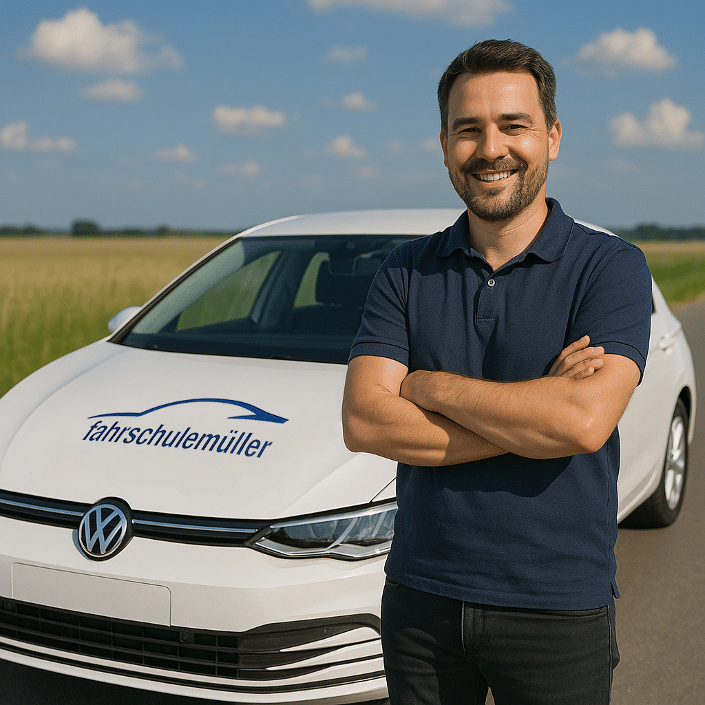 Mann vor Fahrschulauto im Freien von Fahrschule Müller GmbH